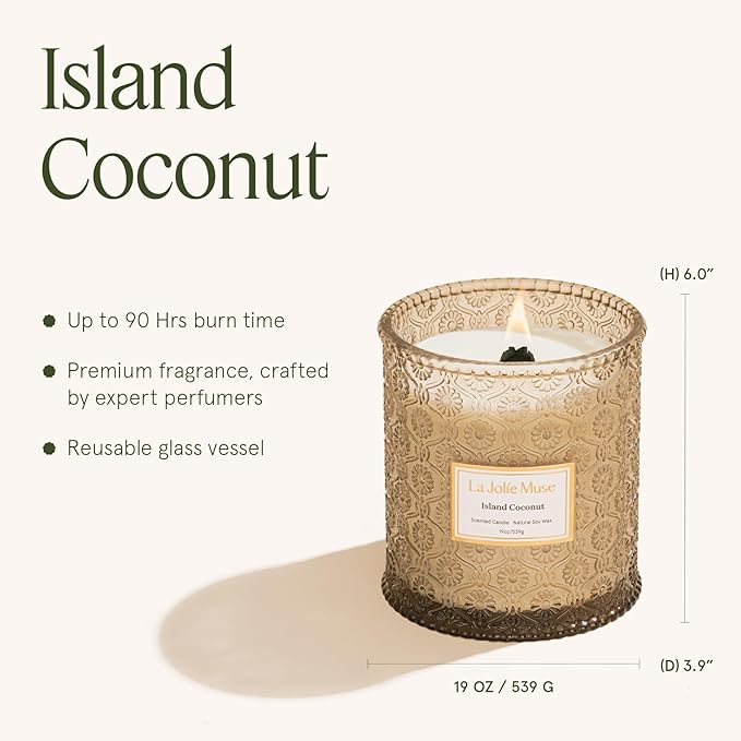 LA JOLIE MUSE Vanilla Coconut Candle, 19 oz Wood Wicked Candles for Home Scented, Natural Soy Wax, Large Glass Jar Candle, 90 Hours Long Burning, Island Coconut