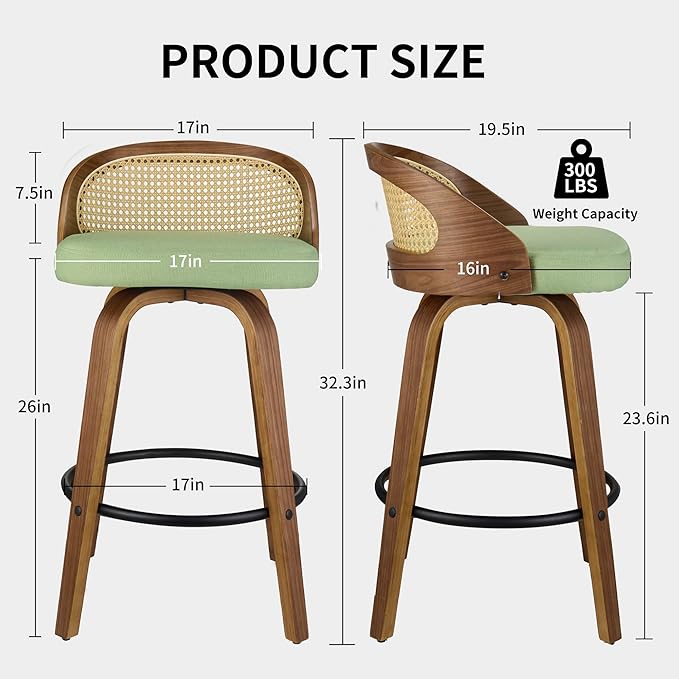 26 inch Swivel Bar Stools with Back, Set of 2 Modern Walnut Bar Chairs, Green Textured Fabric Upholstered Counter Height Stools with Rattan Back for Kitchen Island & Dining Room