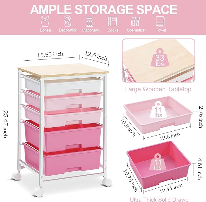Utility Cart with 5 Drawers,Storage Drawer Cart with Wooden Tabletop and Lockable Wheels,Craft Storage Trolley Cart,5-Tier Rolling Utility Cart on Wheels,Rose Pink