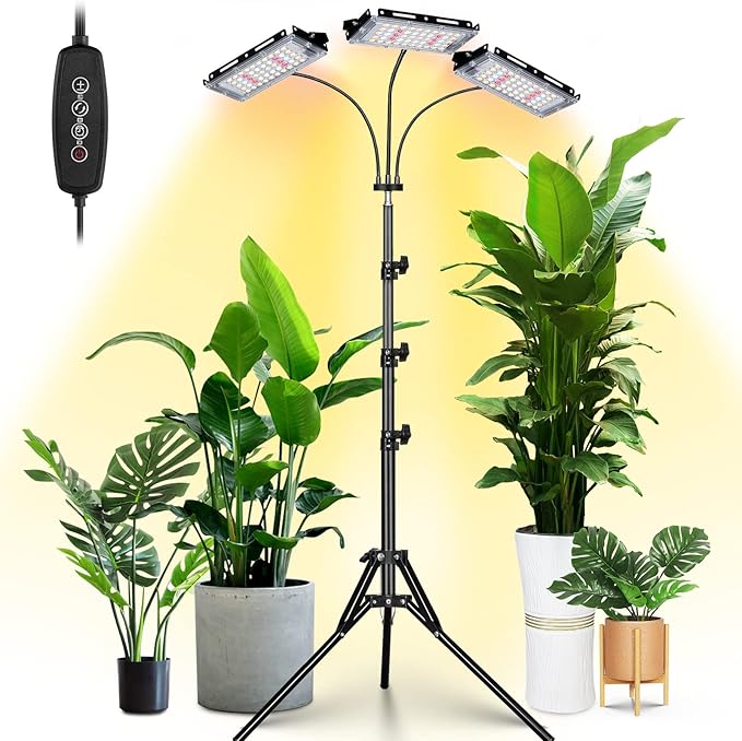 LORDEM Plant Grow Light with Stand, Full Spectrum LED Growing Lamp, Tri-Head with 3H/6H/12H Timer, 6 Dimmable Levels, 3 Lighting Modes, 15"-63" Adjustable Tripod