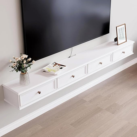 86-inch Wall-Mounted TV Stand, Accommodates 50- to 75-inch TVs, Features Hidden Cable Management, high Weight Capacity, Space-Saving White Floating TV Stand