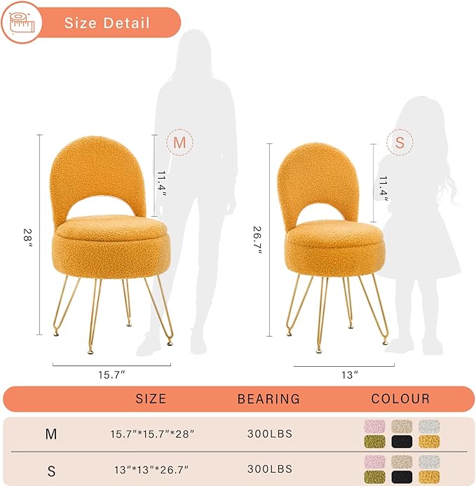 Storage Ottoman Vanity Stool Chair with Folding Back Teddy Velvet Makeup Chair Multifunctional Upholstered Footstool for Bathroom Vanity Bedroom Living Room Entryway