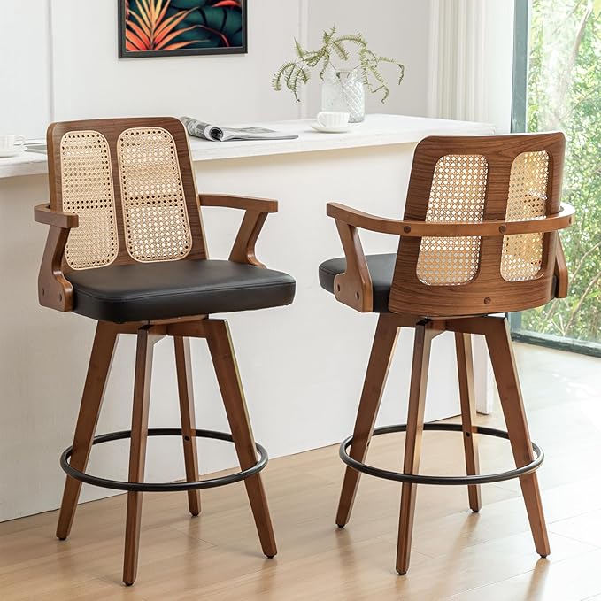 Set of 2 Rattan Swivel Counter Stools - 27 inch Mid Century Modern Counter Stools with Walnut Craftsmanship, Upholstered Seat, Modern CounterStools for Island/Pub/Kitchen (27" Seat Height, Black)