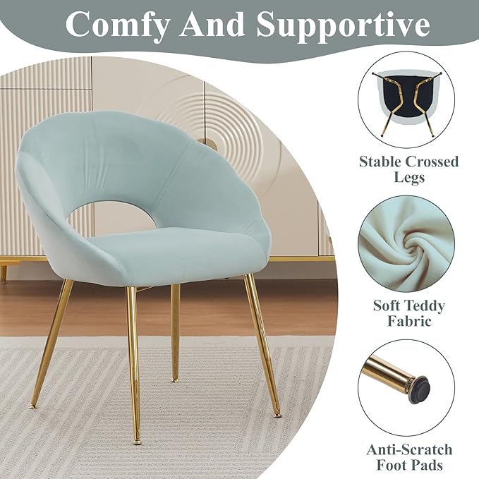 Modern Small Accent Chair Set of 2, Comfy Velvet Vanity Chair with Shell Back & Golden Metal Legs, Decorative Chair no Wheels for Living Room, Makeup Room, Bedroom, Green
