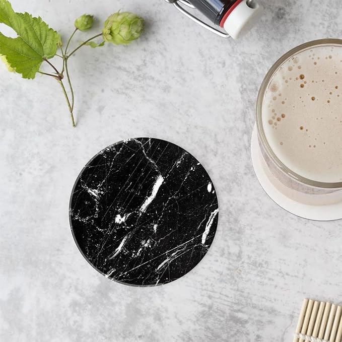 Marble Coasters Set of 4 with Holder Round Water Absorbent Premium Black Classic Marble Ceramic Coasters Tabletop Protection,Suitable for Various Coffee Cup,Home Decor,4 Inch