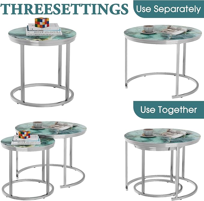 aboxoo Coffee Table Nesting Side Round Set of 2 End Table Green Art Table Top Sturdy Metal Frame Desk Centerpiece Living Room Bedroom Apartment Modern Industrial Simple Nightstand