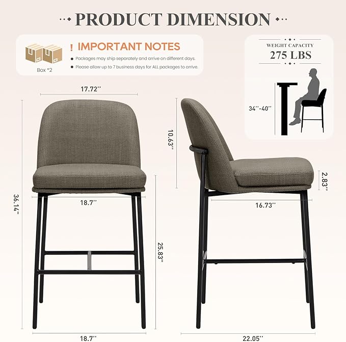 COLAMY Counter Height Bar Stools Set of 4, 25 Inch Modern Fabric Kitchen Island Stools with Back, Upholstered Counter Barstools Armless Bar Chairs with Metal Legs for Island Dining Room Bar,Brown