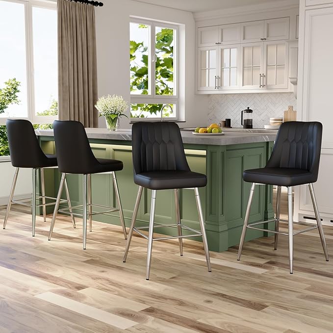 27" Bar Stools Set of 4 - Black Counter Height Bar Stools Set of 4,Faux Leather Kitchen Island Stools with Sturdy Chrome Metal Leg,Counter Height Stools with Backs,Easy to Assemble