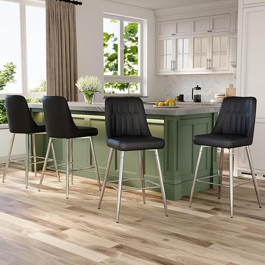 27" Bar Stools Set of 4 - Black Counter Height Bar Stools Set of 4,Faux Leather Kitchen Island Stools with Sturdy Chrome Metal Leg,Counter Height Stools with Backs,Easy to Assemble