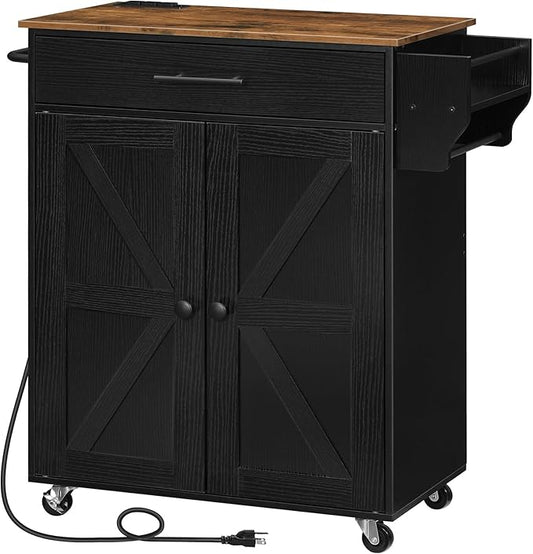 HOOBRO Kitchen Island with Power Outlet, Kitchen Island Storage Island with Large Worktop, Spice Rack and Drawer, Rolling Kitchen Cart on Wheels, for Kitchen and Dining Room, Rustic Brown and Black