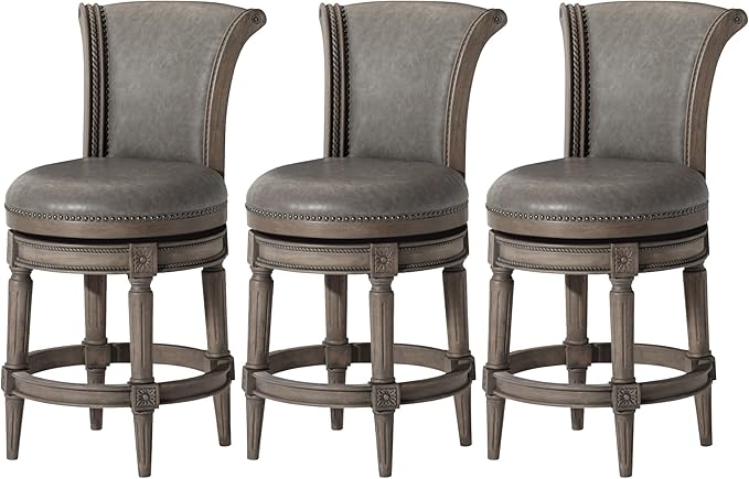 Maven Lane Pullman Counter Stool 26 Inches – Set of 3 – Swivel Stools with Footrest – Grey Solid Wood Frame & Grey Faux Leather Upholstery – Perfect for Kitchen Islands & Counters