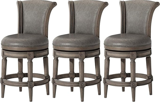 Maven Lane Pullman Counter Stool 26 Inches – Set of 3 – Swivel Stools with Footrest – Grey Solid Wood Frame & Grey Faux Leather Upholstery – Perfect for Kitchen Islands & Counters