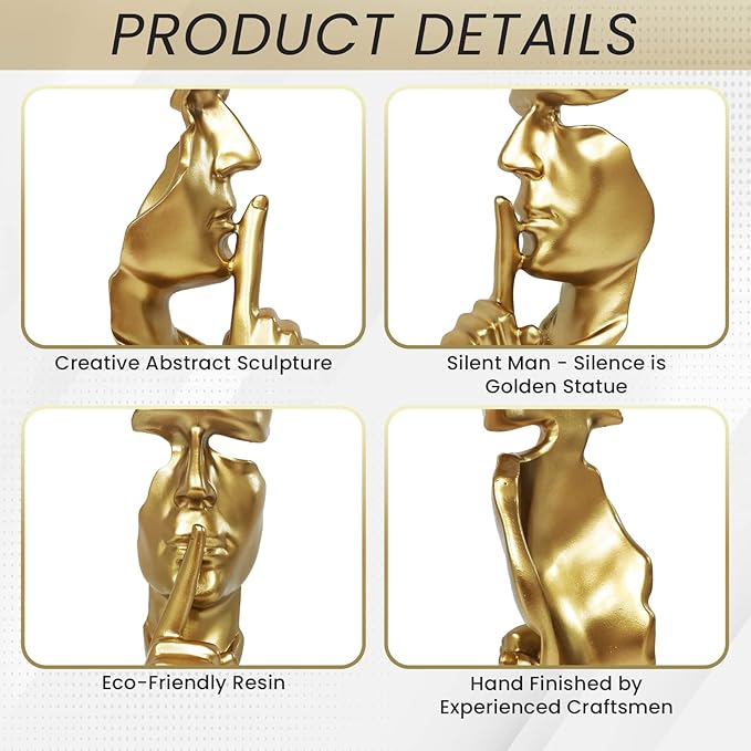 Modern and Creative Silence Thinker of Men Statue Great Abstract Decorative Figurine Sculpture Home and Living Room Decor Great for Office Or Desk (Gold)