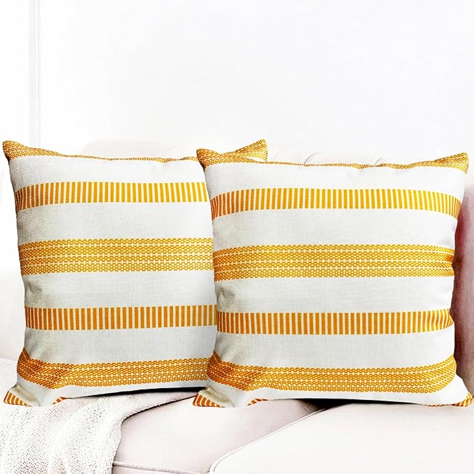 Decorative Throw Pillow Covers Set of 2 Chrome Yellow Boho Striped Pillow Covers 22x22 Inch Throw Pillow Cover Linen Pillowcase Farmhouse Outdoor Pillow Covers for Couch Sofa Living Room