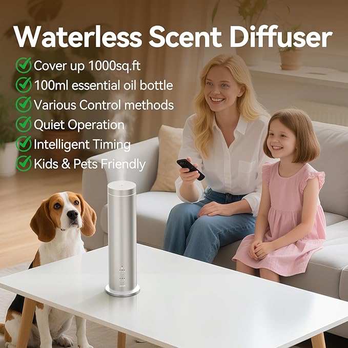 Waterless Essential Oil Diffuser with Bluetooth - 100ml Cold Air Scent Diffuser, 6 Aromatherapy Oils & Remote Control - Portable Aromatherapy Diffuser for Home, Office & Spa - Silver