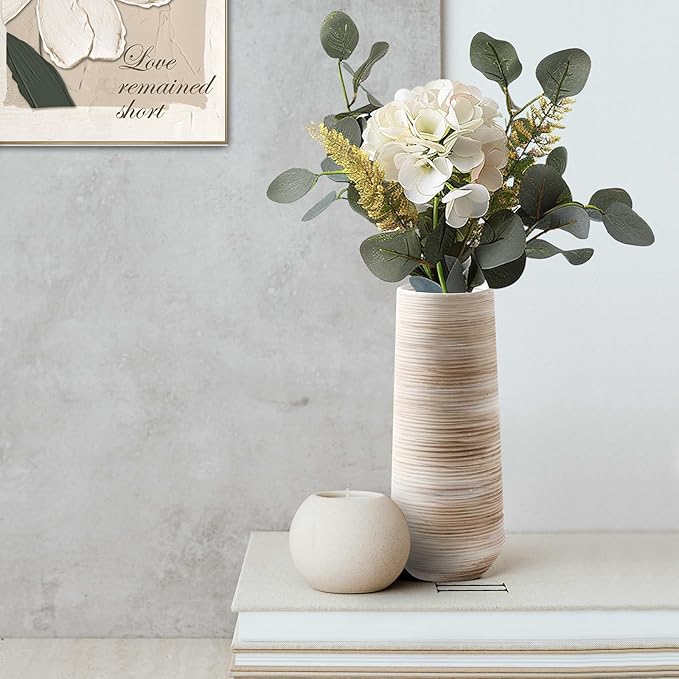 ALMA 9 Inch White Ceramic Vase for Dried Flower Bouquet, Small Cream Pampas Grass Vase for Home Decor, Beige Rustic Vase for Tabletop Centerpieces, Bookshelf, Mantle, Living Room
