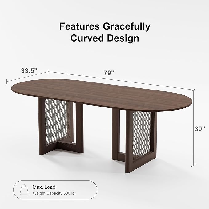 Casaphoria 79" Dining Table for 8, Wood Kitchen Table with Scratch-Resistant Top & Rattan Base, Modern Farmhouse Oval Dining Table for Living Room, Kitchen, Easy Assembly, Walnut (Chairs not included)