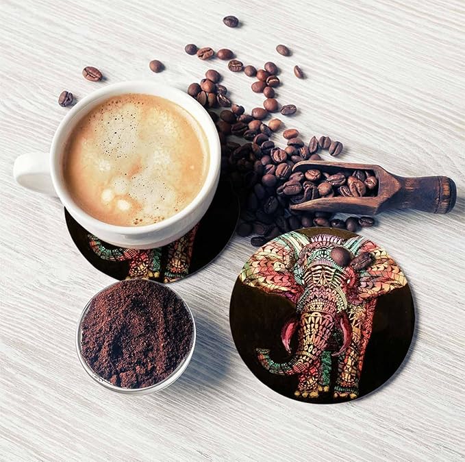 Tribal Elephant Table Coasters for Drinks Vintage Boho Colourful African Animal Isolate Portrait 100% Diatomite Home and Dining Room Bar Decor 4 X 4 X 0.35 Inch for Men Women