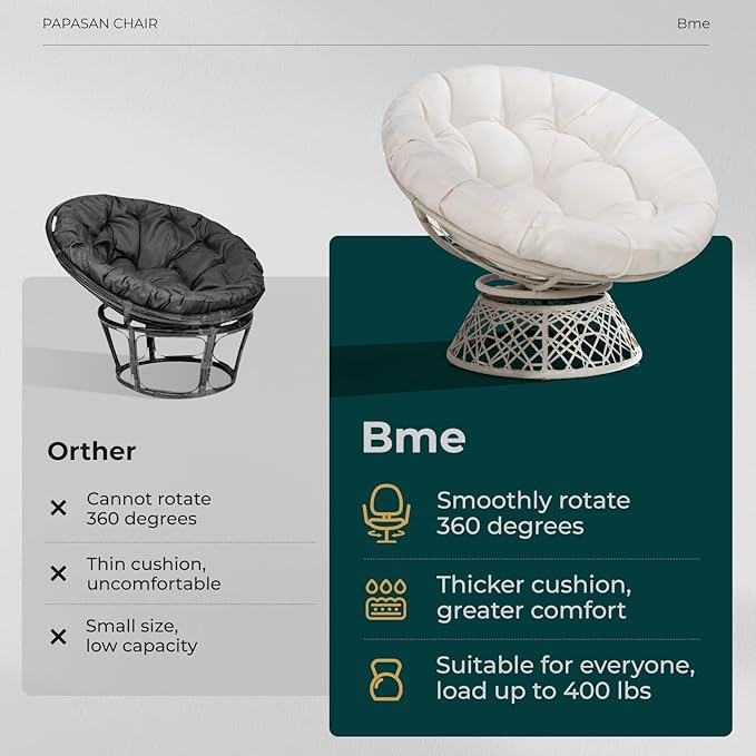 Bme 40" Ergonomic Wicker Papasan Chair with Soft Thick Cushion & Frame, 360° Swivel, Circle, Reading, Comfy Chair for Living Room, Bedroom