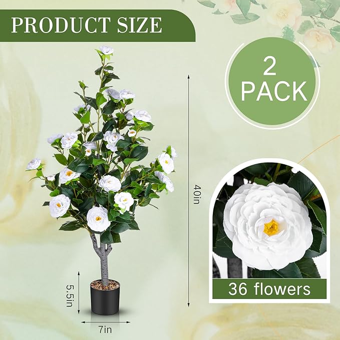 Jexine 2 Pack 40" Artificial Tree with Camellia, Fake Tree with 36 Blooming Flowers, Flower Plants Tree Faux Floral Plant Tree in Cement Pot for Indoor Outdoor Office Home Porch Decor (White,40")