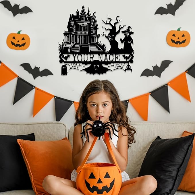 Custom Halloween Metal Wall Art with Family Name, Personalized Haunted House Metal Sign with Witch Bats Pumpkins Skull Ghost Spider, Spooky Decor for Halloween Party, Living Room, Man Cave