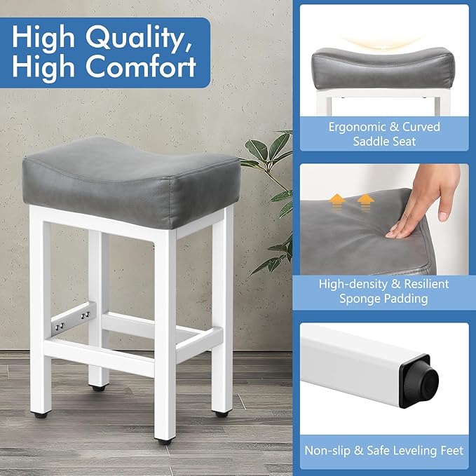 Counter Height Bar Stools Set of 3, 24 Inch Barstools for Kitchen Island Counter, Bonded Leather Kitchen Stools with Thick Saddle Seats & Heavy Duty Metal Base, Easy Assembly, Gray/White