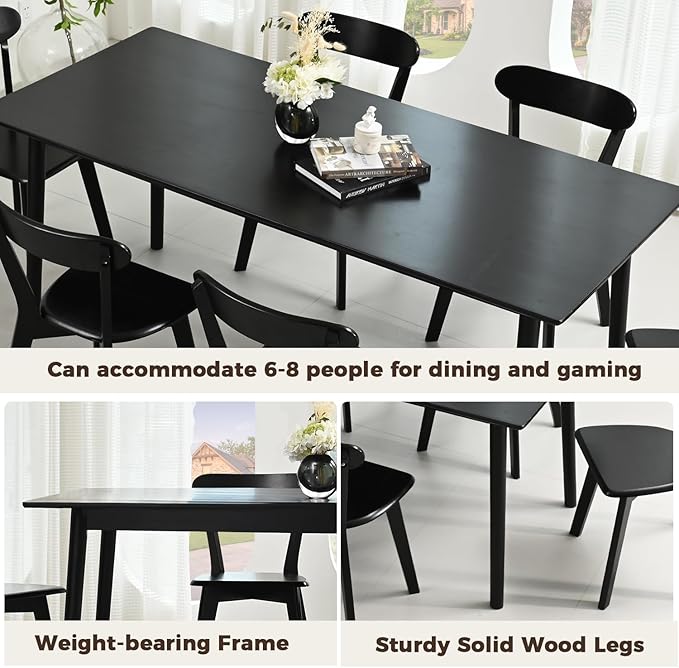 DELAVIN 70.8" Large Solid Wood Dining Table for 6-8 People, Mid Century Modern Rectangular Oak Kitchen Table, Farmhouse Dining Room Table, Easy Assembly, Black