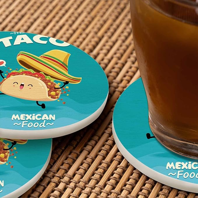 Taco Coasters for Coffee Table Cute Cartoon Mexican Food Funny Happy Hat Lovely Smile Beef Tomato Chicken Housewarming Presents for Women Men Home Decor Office Kitchen Living Room 2 Pcs