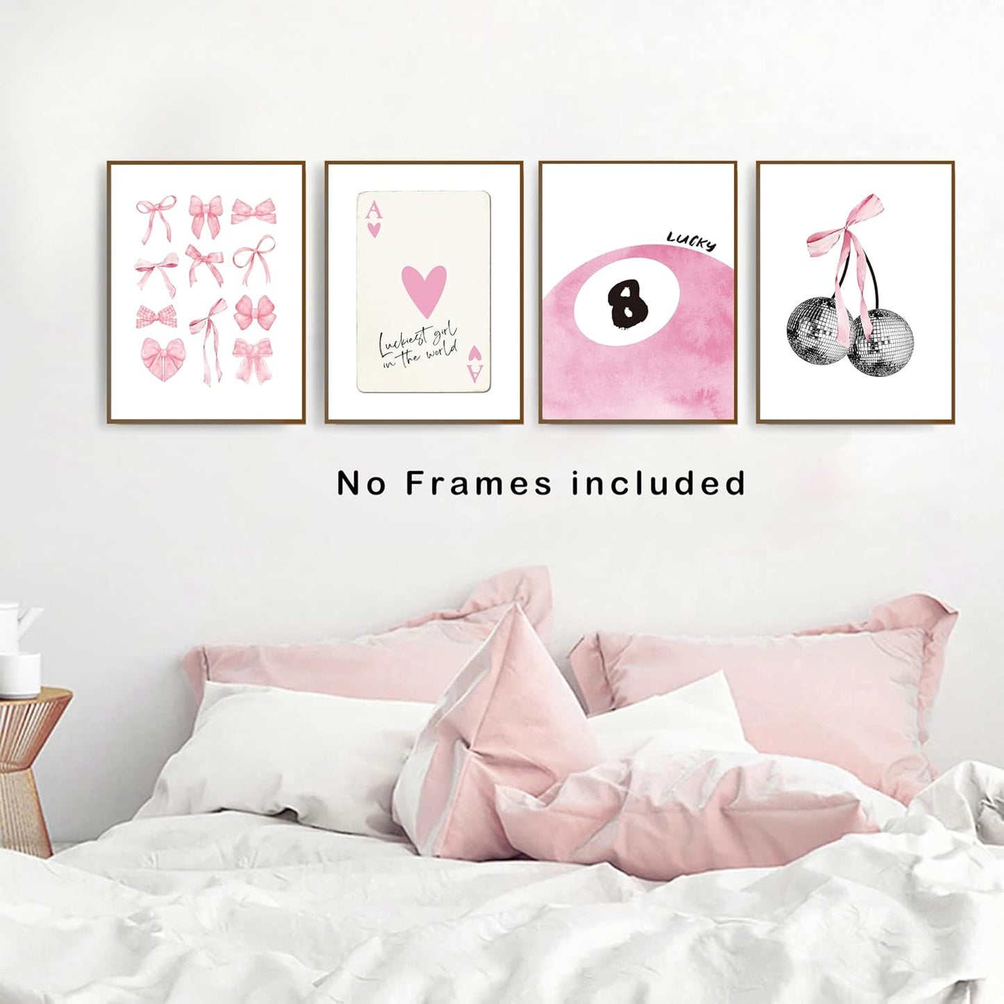 Pink Coquette Trendy Preppy Wall Art Prints Set of 4, Coquette Room Decor, Preppy Room Decor Aesthetic, Pink Bow Disco 8 Ball Cherry Wall Decor Posters for Girls Bedroom Dorm, 12x16 Unframed