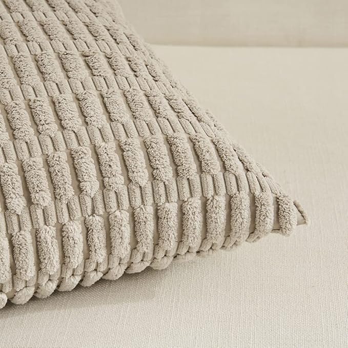 Fancy Homi 2 Packs Taupe Decorative Throw Pillow Covers 22x22 Inch for Living Room Couch Bed Sofa, Rustic Farmhouse Boho Home Decor, Soft Striped Corduroy Square Cushion Case 55x55 cm