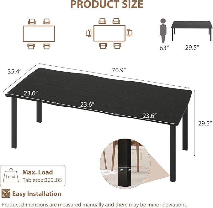 70.9”Dining Table with Wave Irregular Edge, 15mm Thick MDF Top & Metal Frame, for Kitchen, Quick Assembly, Wooden Kitchen Table for 6-8, Waterproof Scratch-Resistant, Modern Black