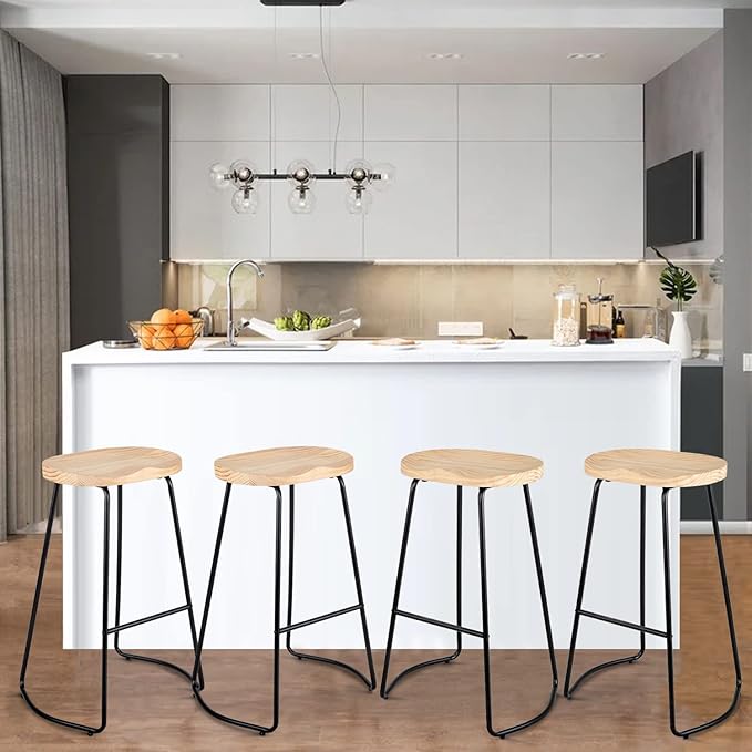 HeuGah Bar Stools Set of 4, Saddle Seat Bar Stools with Metal Legs, Rustic Backless Counter Height Stools, Industrial Counter Stools (Burlywood, 30 Inch)