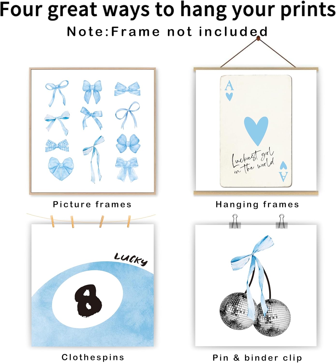 okaxscm Blue Coquette Trendy Preppy Wall Art Prints Set of 4, Coquette Room Decor, Preppy Room Decor Aesthetic, Blue Bow Disco 8 Ball Cherry Wall Decor Posters for Girls Bedroom Dorm, 10x10 Unframed