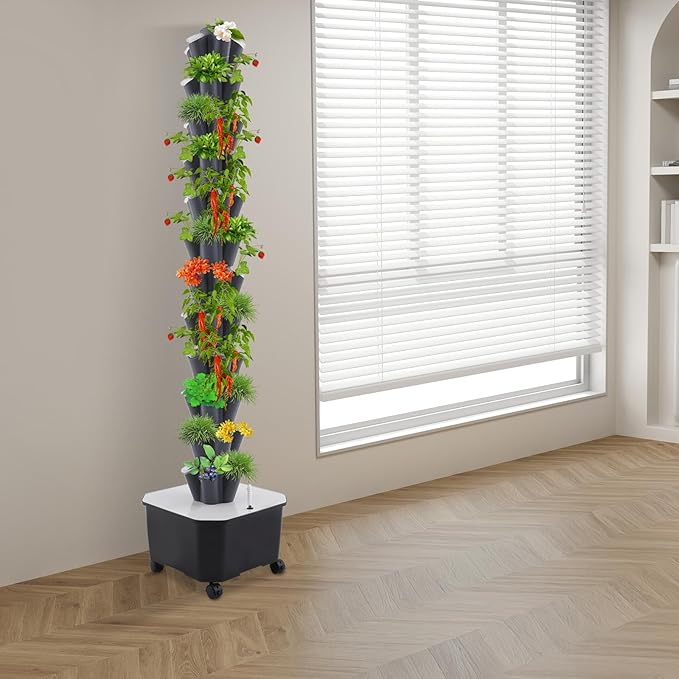 60 Hydroponics Growing System Kit 12 Layers Hydroponic Tower Indoor Outdoor Gardening System with 6.6gal Water Tank & Four Universal Wheels Vertical Garden Planter Kits for Balcony, Corridor, Office