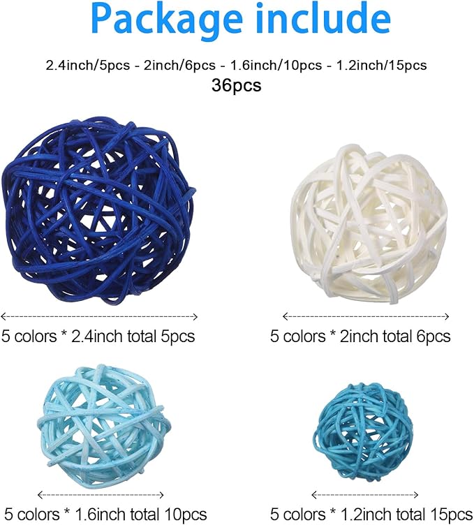 Patelai 36 Pcs Wicker Rattan Balls Decorative Balls for Vase Centerpiece Bowls Orbs Filler for Home Decor,4 Sizes(White, Blue Series)