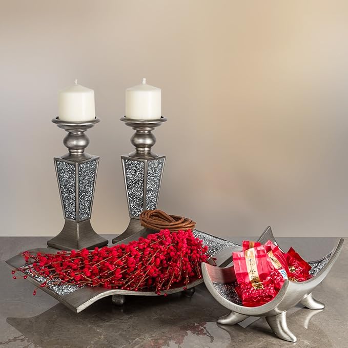 Creative Scents Schonwerk Silver Pillar Candle Holder Set of 2 - Crackled Mosaic Design - Centerpiece Table Decoration - Coffee Table Decor - Decoration Centerpiece for Living/Dining Room - Best Gift