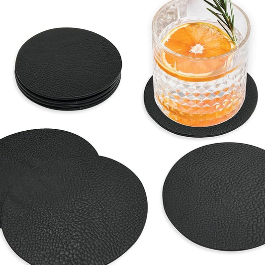 Set of 8 Morgan Faux Leather 4 Inch Round Coasters, Heat & Water Absorbent, Natural Style, Drinks Tabletop Home Dinning, Black