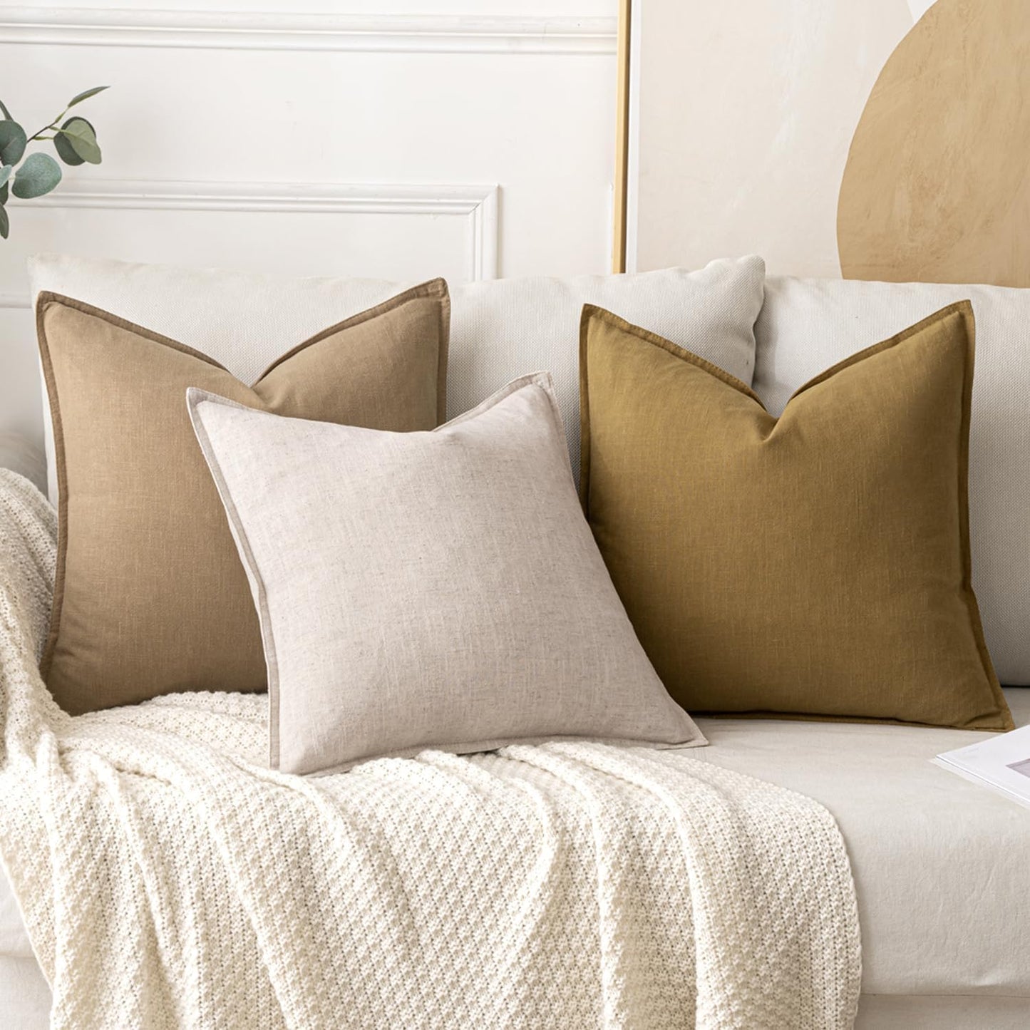 MIULEE Decorative Linen Pillow Covers 20x20 Inch Mustard Yellow Boho Farmhouse Neutral Couch Throw Pillows for Bed Pack of 2 Accent Modern Pillowcase Summer Sofa Livingroom Home Decor