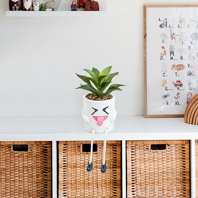 Fake Plant Mini Potted Succulents with Hanging Leg White Cute Pot Creative Artificial Succulent Plants in Funny Pot Faux Succulents for Home Office Shelf Desk Decor and Gift Choice