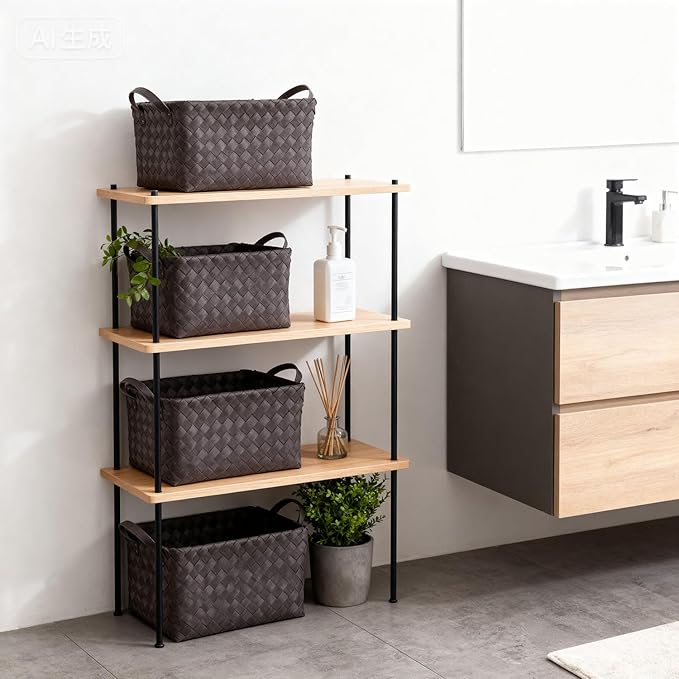 15L Laundry Baskets Waterproof Large Laundry Hamper Handmade Storage Baskets -set of 4 Collapsible Cube Organizers Woven Bins for Bathroom, Bedroom, Pantry, Shelves, Clothes and Towels-Coffee