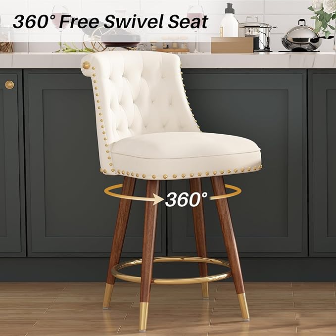 24" Counter Height Bar Stools Set of 4, Swivel Counter Stools with Back, Upholstered Velvet Stools for Kitchen Counter with Wood Legs, Fabric in Off-White