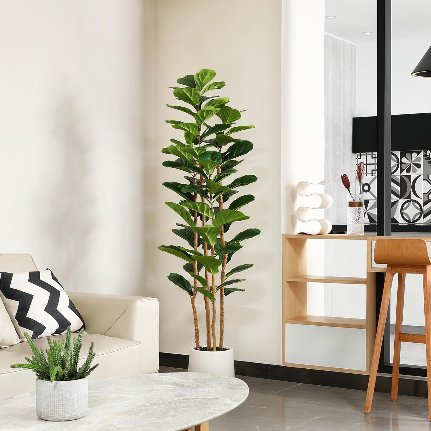 Artificial Fiddle Leaf Fig Tree with White Planter, 6ft Tall Fake Tree with Natural Wood Trunk for Home Decor, Faux Ficus Tree Fake Moss for Indoor Office Living Room
