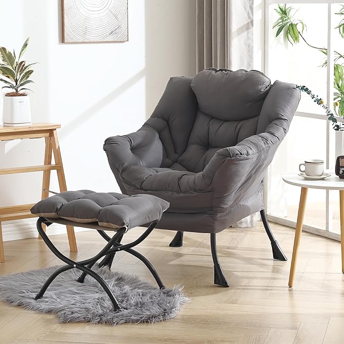 Welnow Lazy Chair with Ottoman, Modern Lounge Accent Chair with Armrests and a Side Pocket, Leisure Sofa Armchair, Reading Armchair with Footrest for Small Space, Dark Grey
