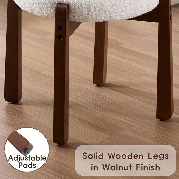 LukeAlon Cute Sherpa Upholstered Vanity Stool, Round Comfy Boucle Makeup Stool with Wooden Legs Small Ottoman Chair Modern Padded Seat Foot Rest for Makeup Room Cloakroom Bedroom, White