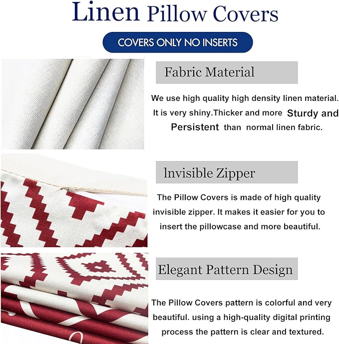 Decorative Throw Pillow Covers Set of 4 Wine Red Pillow Covers 20x20 inch Throw Pillows Linen Square Pillow Case,Farmhouse Outdoor Modern Geometric Pillow Covers for Couch Sofa Living Room