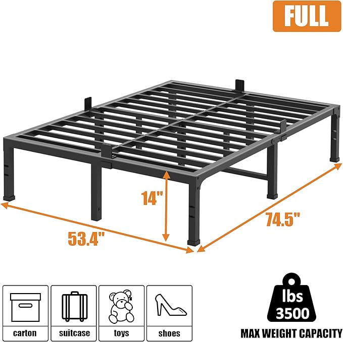 FUIOBYVV Full Size Bed Frame, 14 Inch Heavy Duty Metal Platform Bed Frame Full Support Up to 3500 lbs, No Box Spring Needed,Headboard Holes,Steel Slat Support,Noise Free,Easy Assembly