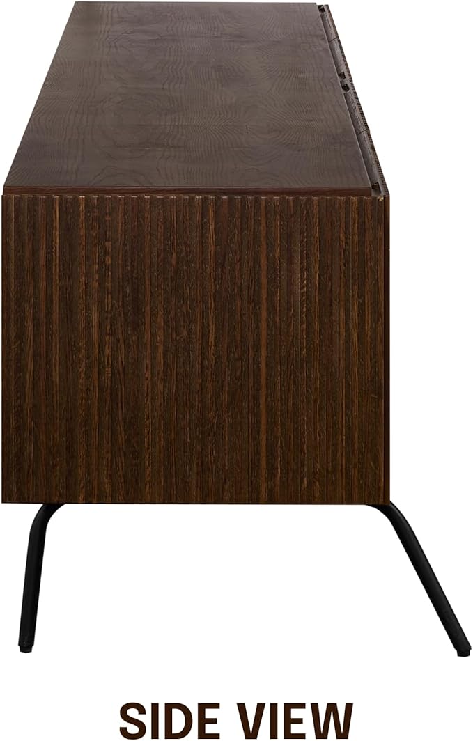 NTC Veil TV Stand with 4 Doors for TVs up to 75’’, Media Console with Vertical Groove Design and Metal Legs, Modern Entertainment Center for Living Room and Bedroom, Effortless Assembly, Dark Walnut
