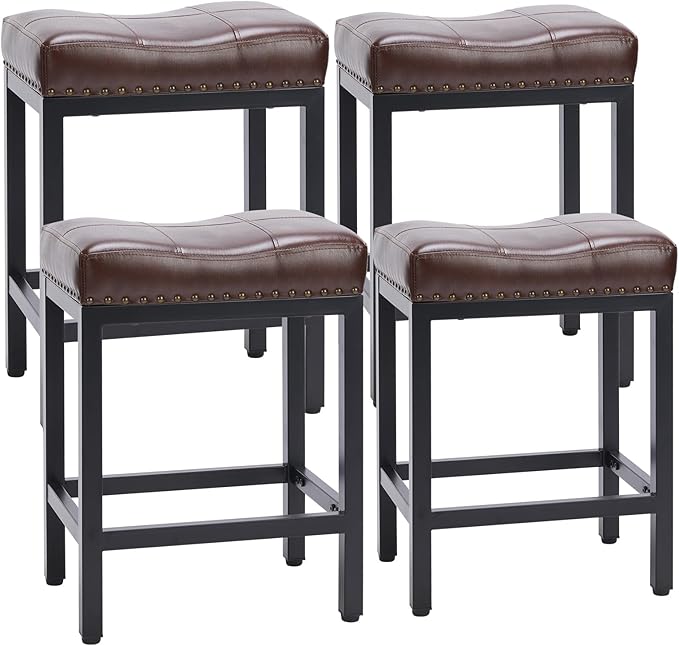 Sweetcrispy Bar Stools Set of 4, 24 Inch Counter Height Stools, PU Leather Upholstered Bar Chairs with Footrest, Modern Bar Stools for Kitchen Island, Dining, Living Room, Modern Brown