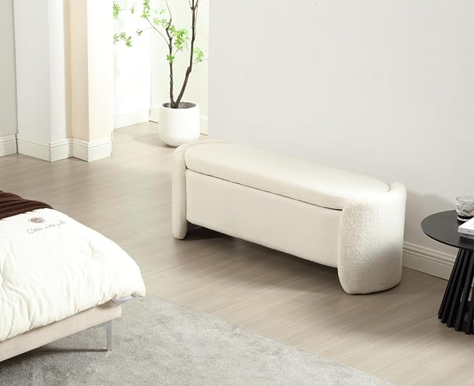 Modern White Storage Ottoman Bench - Upholstered Boucle Teddy Fabric, 50" End of Bed With Sherpa Seating for Bedroom/Entryway/Living Room/Window