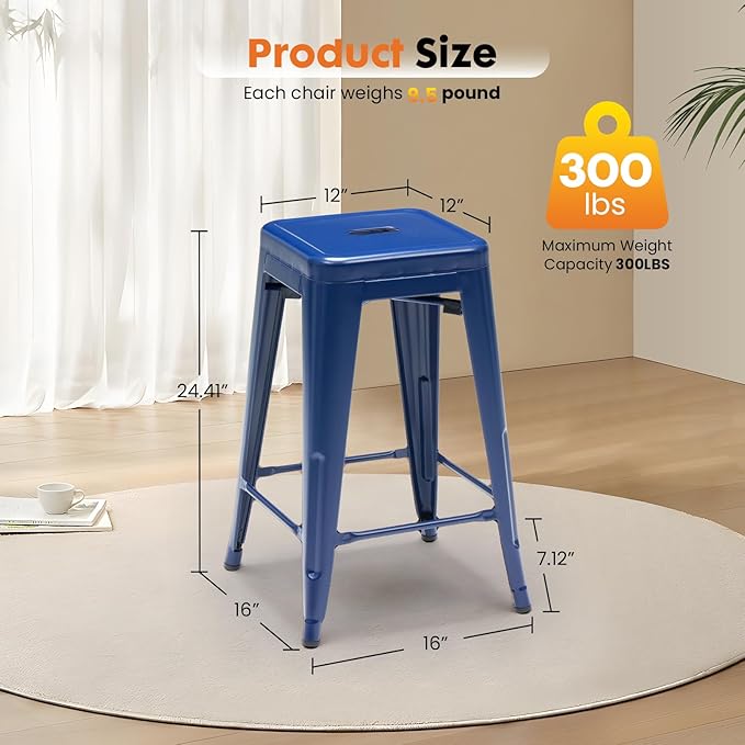 Sweetcrispy 24 Inches Metal Bar Stools Set of 8, Backless Counter Height Bar Stools for Kitchen, Outdoor Stackable Stools – No Assembly Required & Scratch-Resistant, Blue